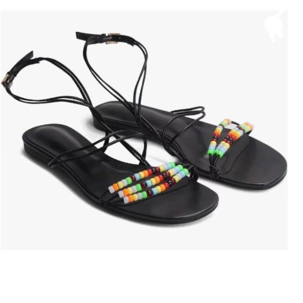 miss left Black Beaded Flat Sandals for Women Ankle Strap Open Toe Slide Sandals